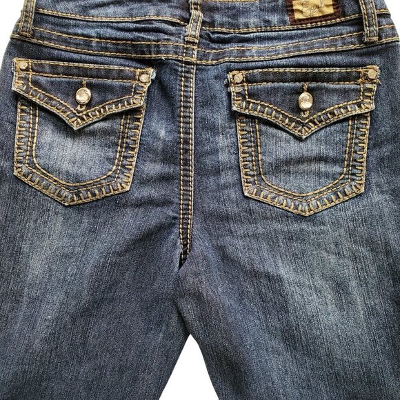 Earl Jeans Straight Leg Embellished Thick Stitching Crystal Button Flap Pocket 4 - Picture 7 of 16